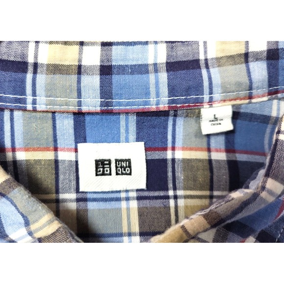 Uniqlo Blue Plaid Button Up Cotton Long Sleeve Shirt Chest Pocket Size Large - Picture 3 of 10